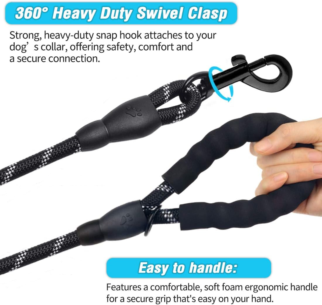 Dog Leash - 2FT/5FT/6FT Thick Nylon Rope with Comfortable Padded Handle, Reflective, Collapsible Pet Bowl & Garbage Bags (Blue, 1/3" X 5 FT)
